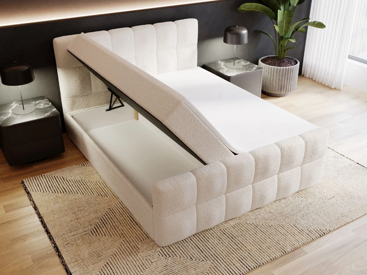 Łóżko kontynentalne z pojemnikiem na pościel 180x200 Alicante w tkaninie bouclé Beżowe