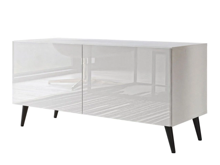 Szafka RTV pod telewizor z drzwiczkami i oświetleniem LED na czarnych nóżkach 100 cm Noaé Biały połysk