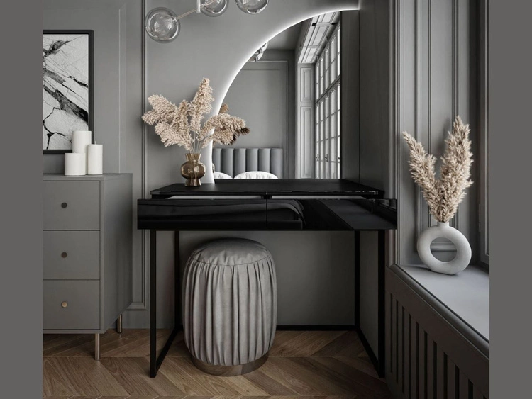 Toaletka kosmetyczna lewostronna z szufladami i oświetleniem LED na czarnych nogach Clarette Czarny połysk