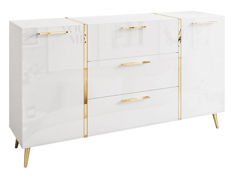 Zestaw mebli do salonu na złotych metalowych nóżkach i ze złotymi uchwytami Lunelie Biały połysk