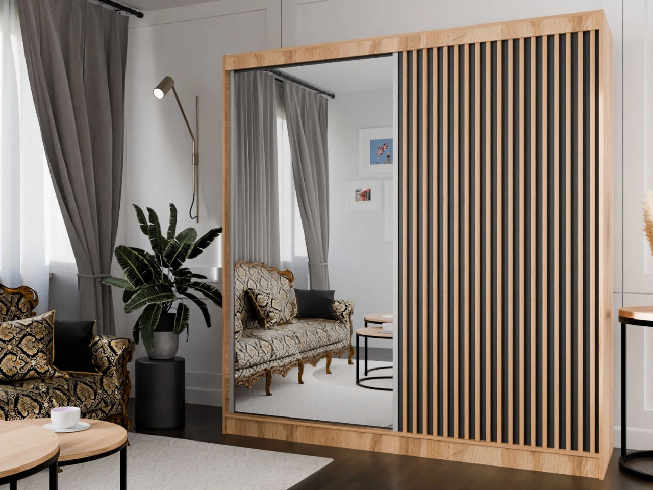 Szafa przesuwna z lustrem i lamelami 200 cm Loreto Dąb Craft Złoty, Czarna