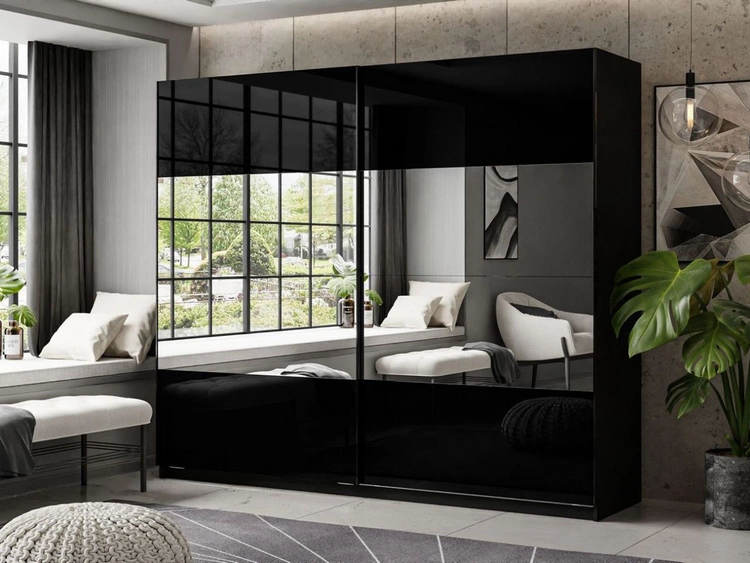 Szafa dwudrzwiowa z drzwiami przesuwnymi i lustrem 244 cm Nuveo Czarny połysk