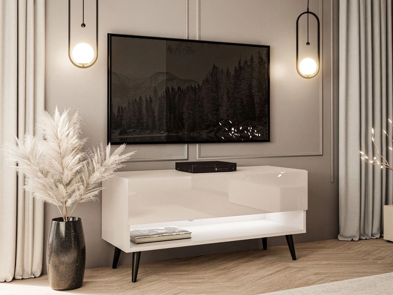 Szafka RTV 90 cm do salonu z oświetleniem LED i czarnymi nóżkami Aurelie Kaszmir połysk