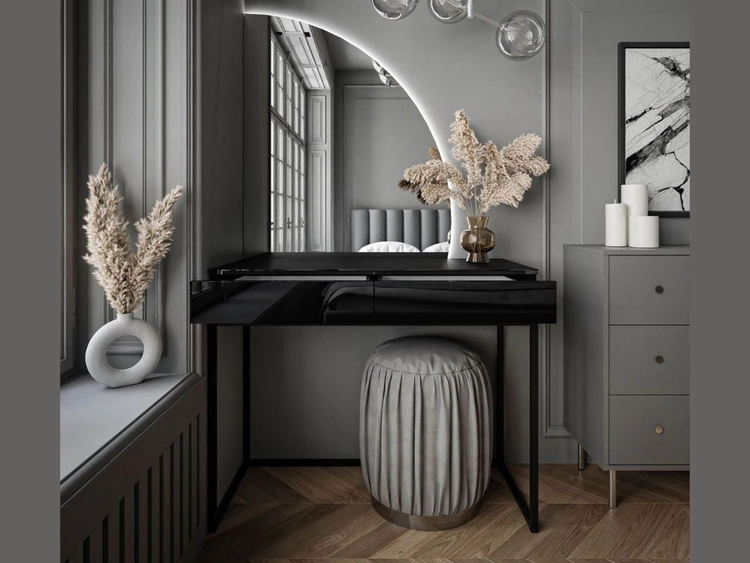 Toaletka kosmetyczna prawostronna z szufladami i oświetleniem LED na czarnych nogach Clarette Czarny połysk