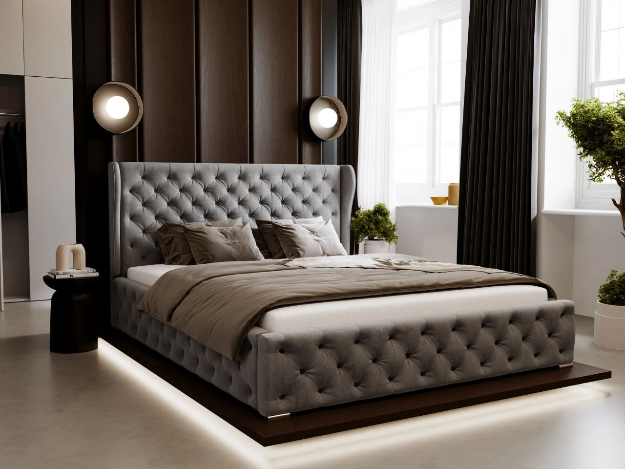 Łóżko tapicerowane z pojemnikiem na pościel i stelażem 140x200 Kingston Szare