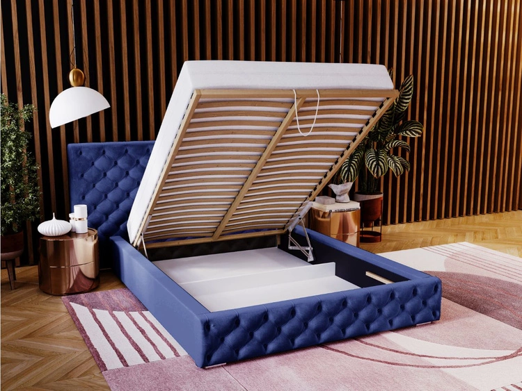 Łóżko tapicerowane z pojemnikiem i stelażem 160x200 cm Madera Niebieskie