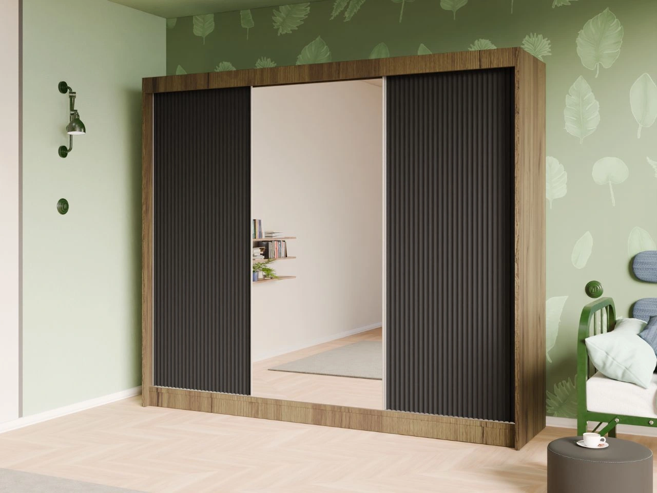 Szafa przesuwna z ryflowanym frontem i lustrem 250 cm Fano Dąb Craft Złoty, Czarna