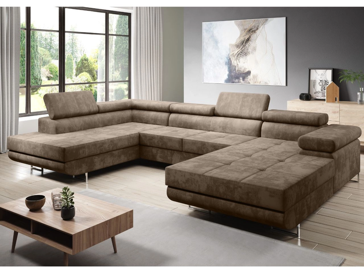 Narożnik U lewy z funkcją spania i pojemnikiem Solam U Brązowy