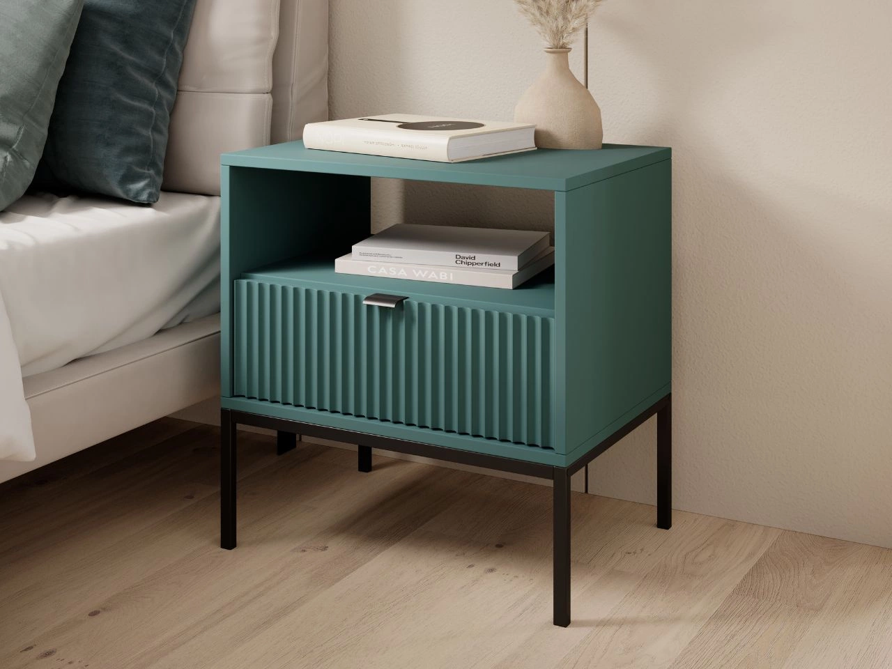 Stolik nocny z szufladą Amber zielony na czarnych nogach
