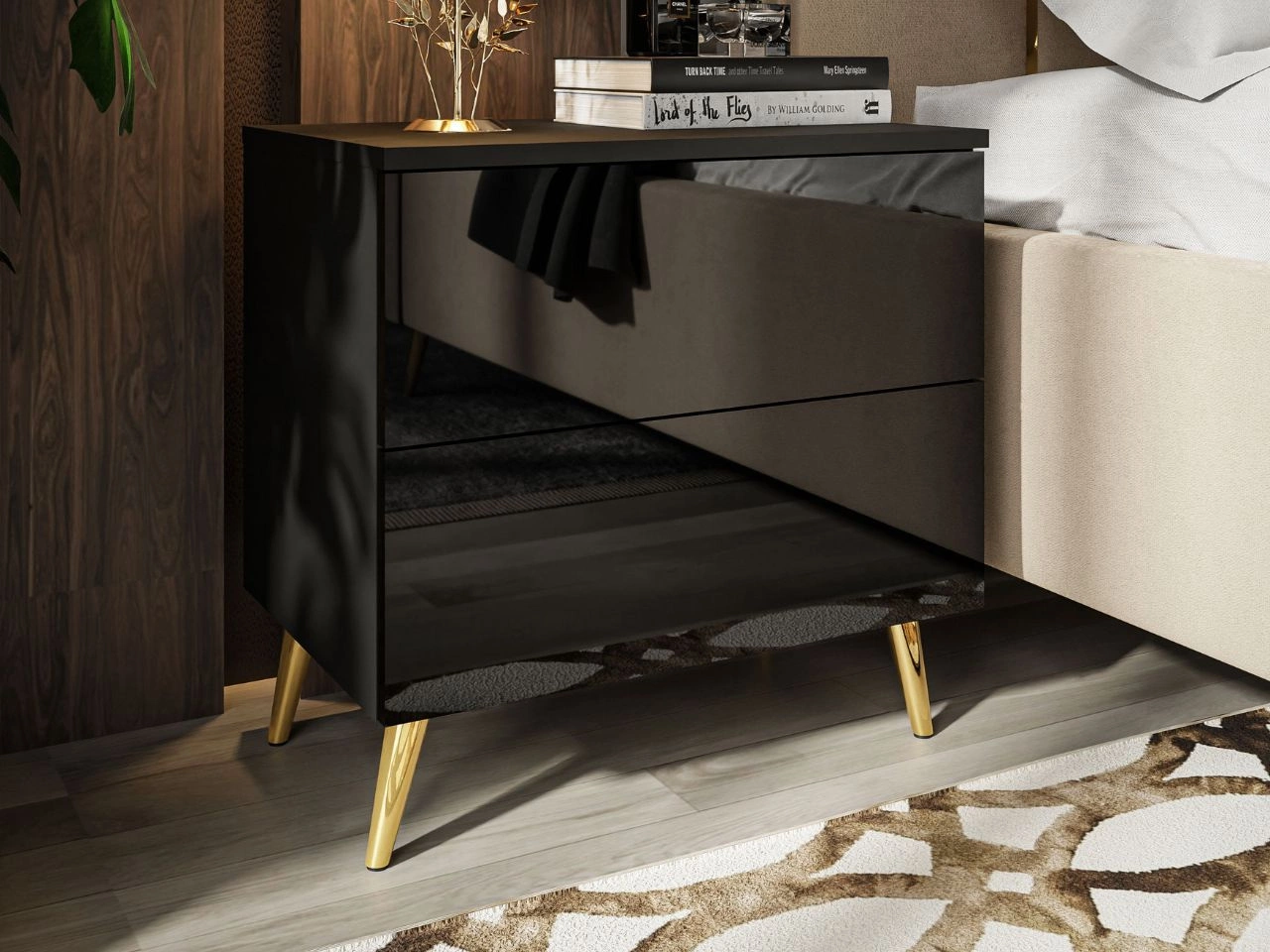 Stolik nocny z szufladami na złotych nogach Nuveo Czarny połysk