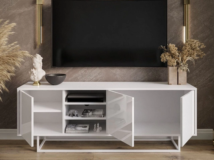 Szafka RTV pod telewizor z drzwiczkami na białym stelażu Vivance Biały połysk