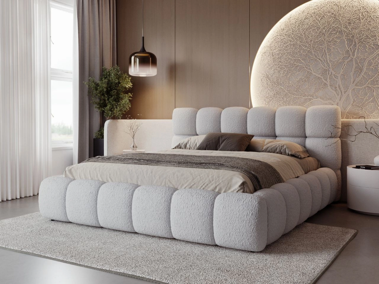 Łóżko tapicerowane z pojemnikiem na pościel i stelażem 160x200 Modo w tkaninie bouclé Szare