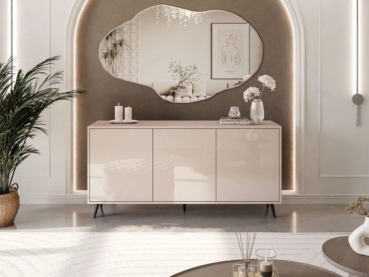 Trzydrzwiowa komoda 154 cm w stylu glamour na czarnych nogach Vivance kaszmir połysk