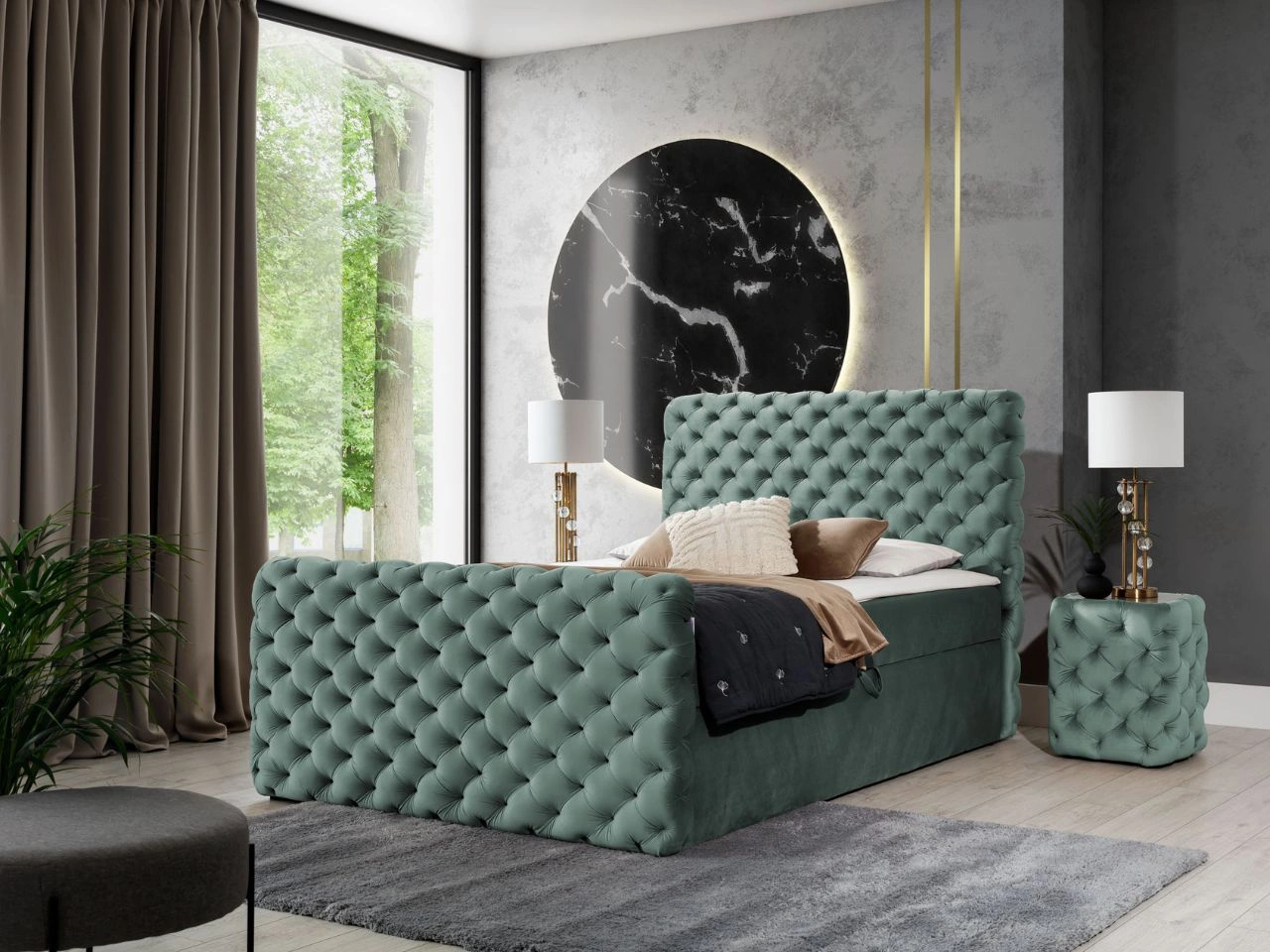Łóżko kontynentalne z pojemnikiem na pościel 160x200 Cleo Lux Jasnozielone