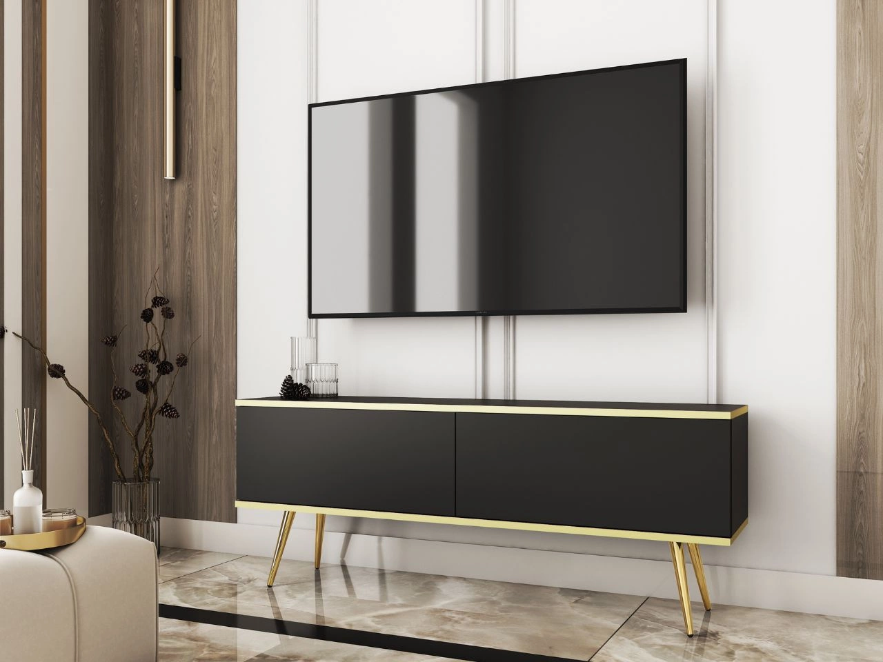 Szafka pod telewizor z drzwiczkami 135 cm z gładkim frontem Diolo Czarna na złotych nogach