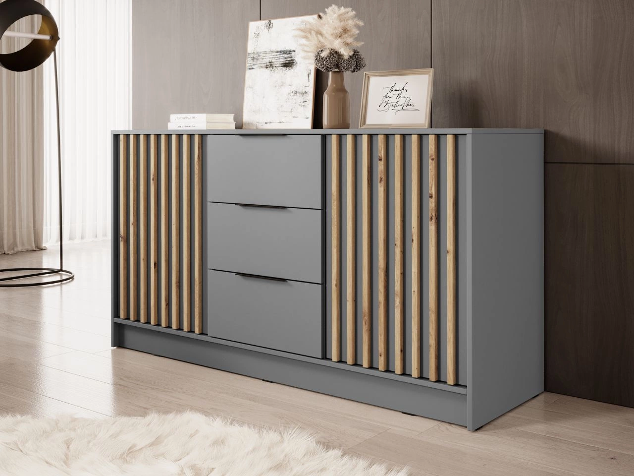 Komoda z drzwiami i szufladami 155 cm Macron Szara z lamelami