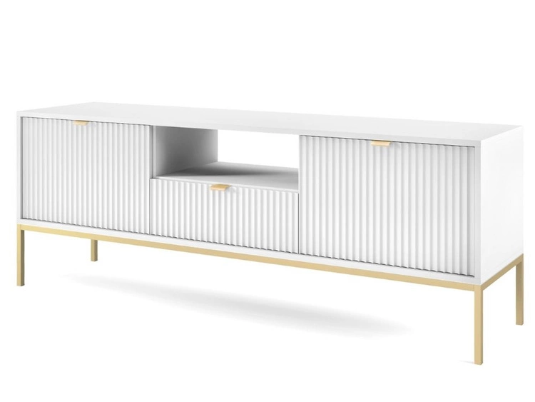 Szafka pod telewizor z szufladami i drzwiczkami Amber biała na złotych nogach