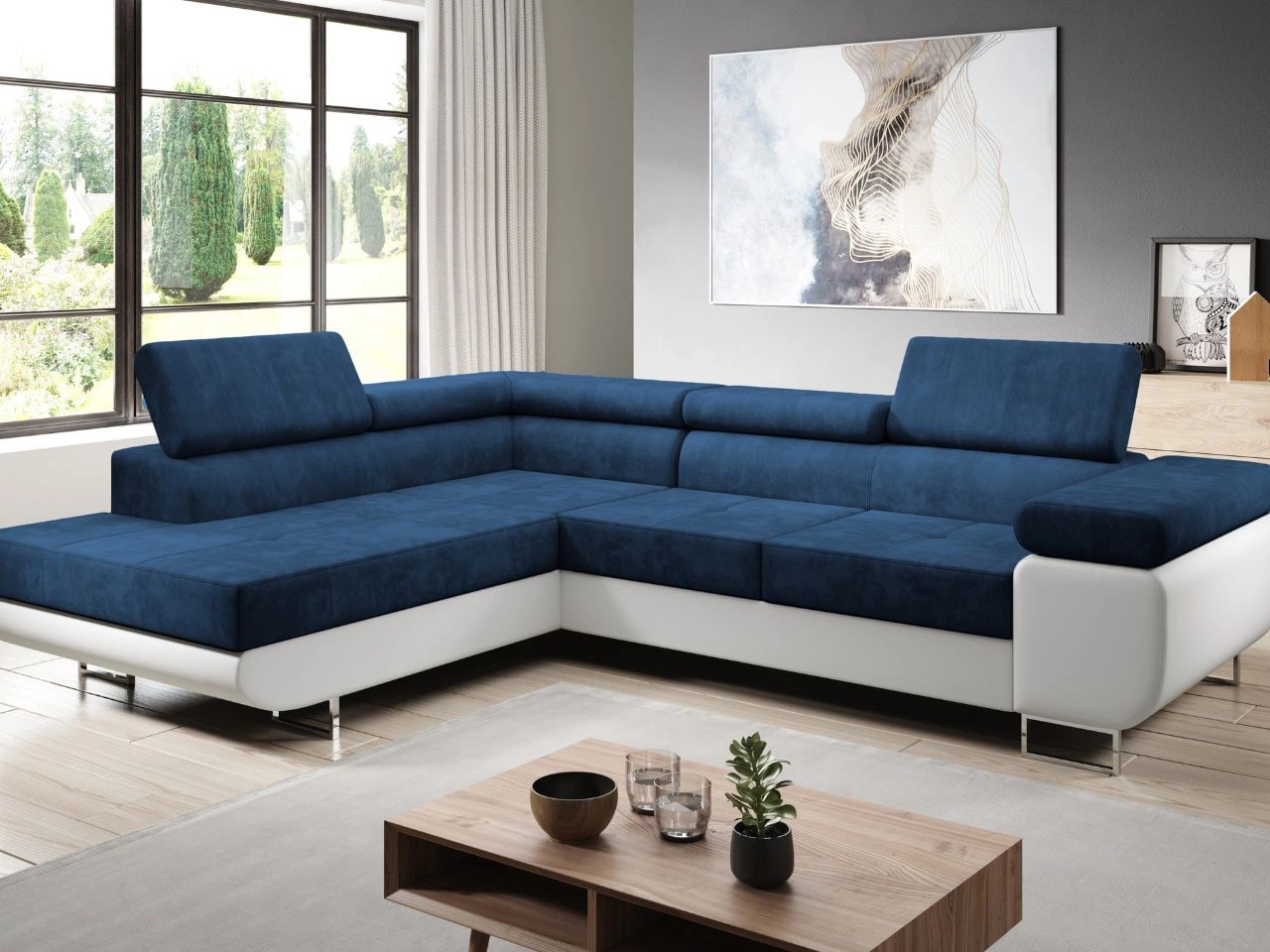 Narożnik lewy z funkcją spania i pojemnikiem Solam L Ciemny niebieski, Biały