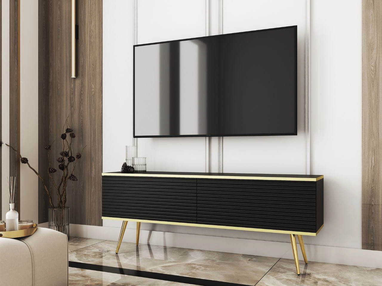 Szafka pod telewizor z drzwiczkami 135 cm z ryflowanym frontem Diolo Czarna na złotych nogach
