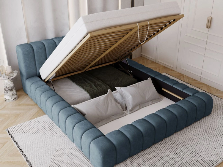 Łóżko tapicerowane z pojemnikiem na pościel i stelażem 140x200 Italia Niebieskie