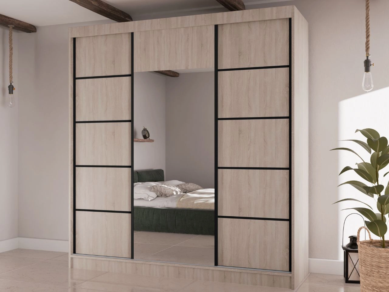 Szafa przesuwna z lustrem 200 cm Maia Dąb Sonoma