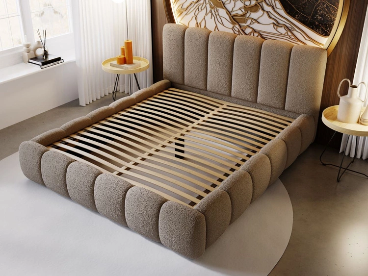 Łóżko tapicerowane bez pojemnika ze stelażem 140x200 Cloud w tkaninie bouclé Brązowe