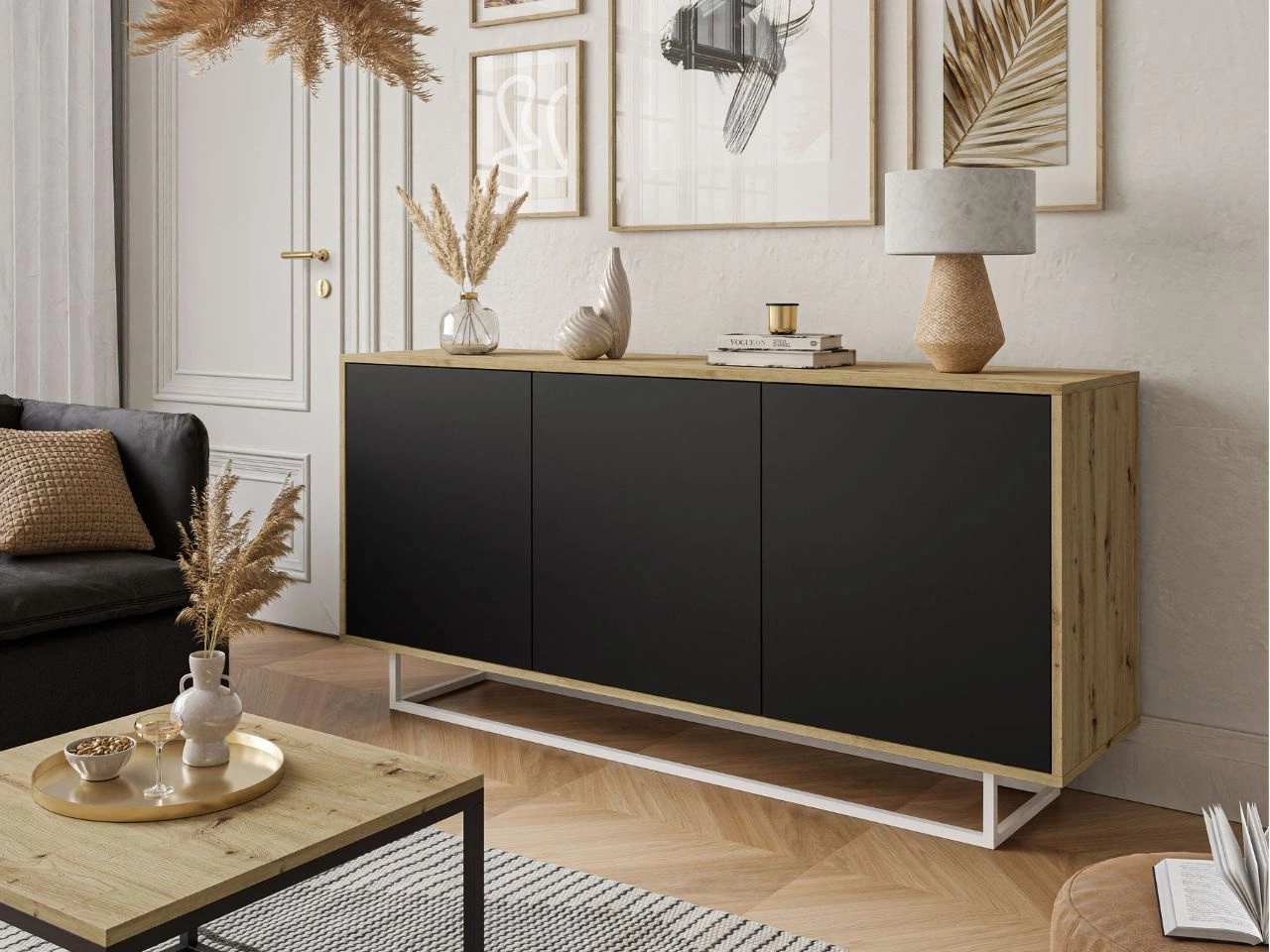 Trzydrzwiowa komoda 154 cm w stylu loft na białym stelażu Vivance czarny mat i dąb artisan