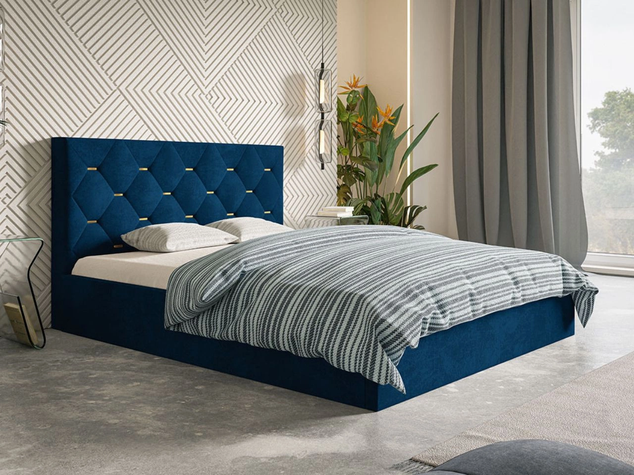 Łóżko tapicerowane z pojemnikiem i stelażem 180x200 Salento granatowe