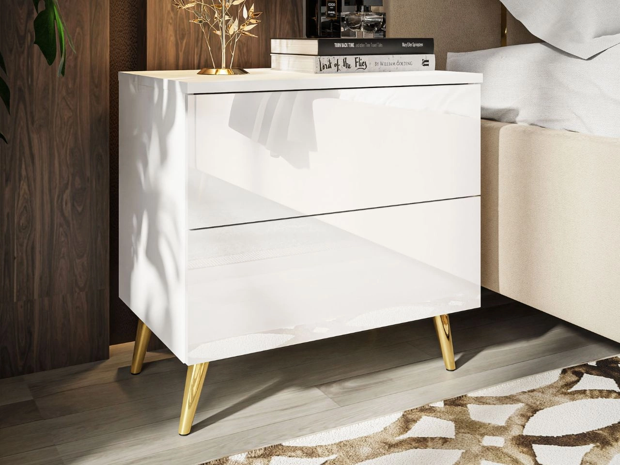 Stolik nocny z szufladami na złotych nogach Nuveo Biały połysk