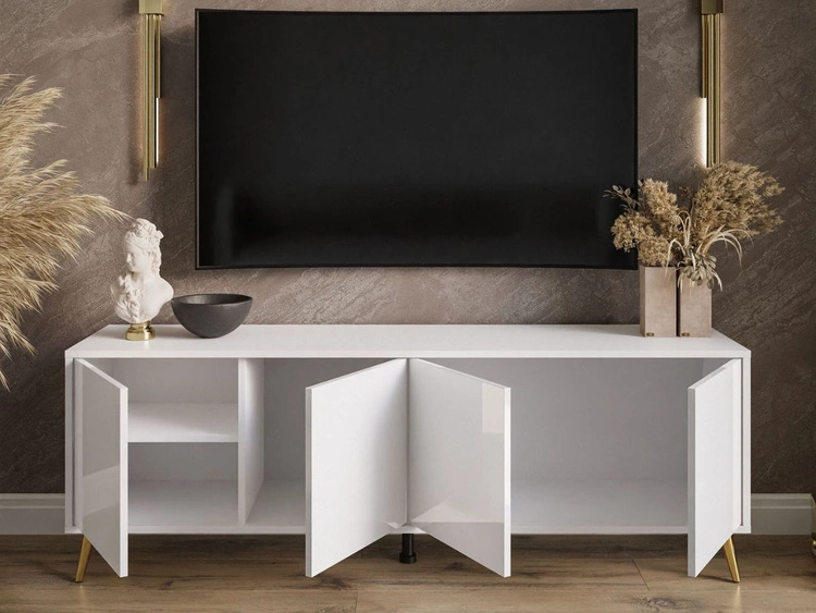 Szafka RTV pod telewizor z drzwiczkami na złotych nogach Vivance Biały połysk