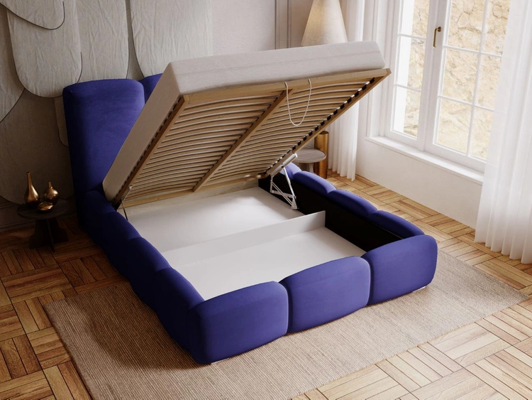 Łóżko tapicerowane z pojemnikiem i stelażem 120x200 cm Bubble Ciemnoniebeskie