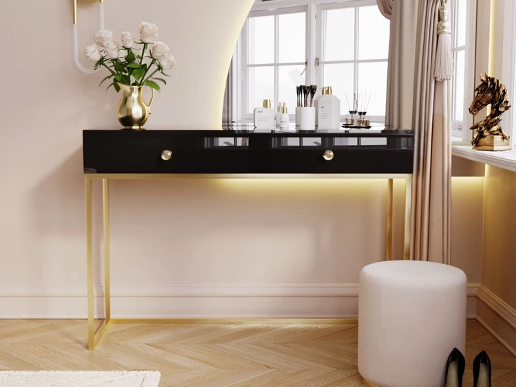 Toaletka z szufladami Belleza Czarny połysk Złoty stelaż