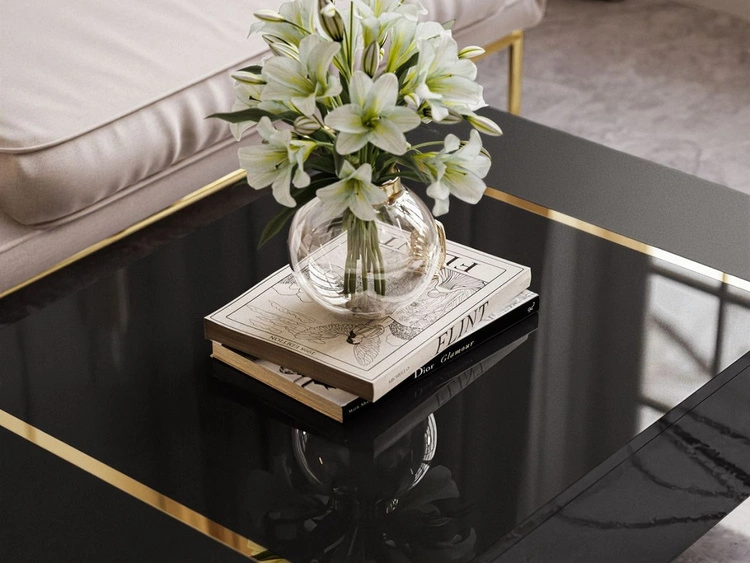 Stolik kawowy na złotych nogach w stylu glamour Lunelie czarny połysk