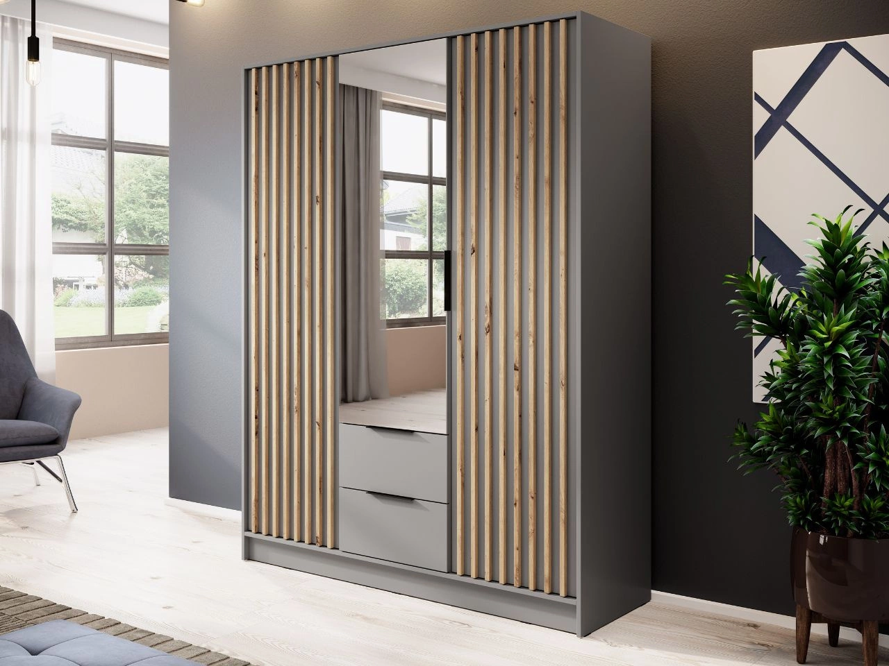 Szafa trzydrzwiowa z drzwiami uchylnymi 155 cm Macron Szara z lustrem i lamelami