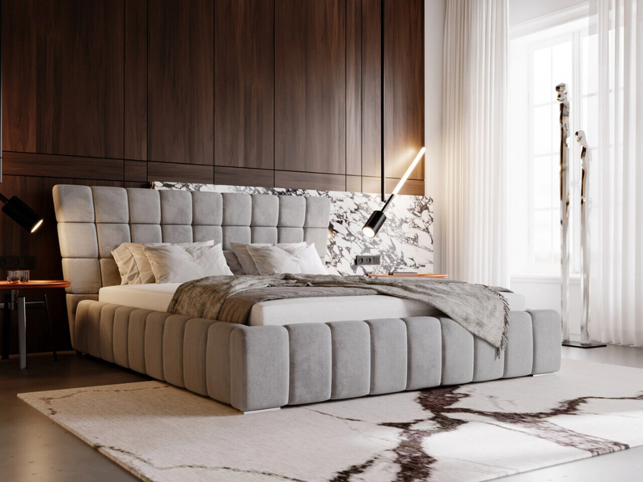 Łóżko tapicerowane z pojemnikiem i stelażem 160x200 cm Paris Szare