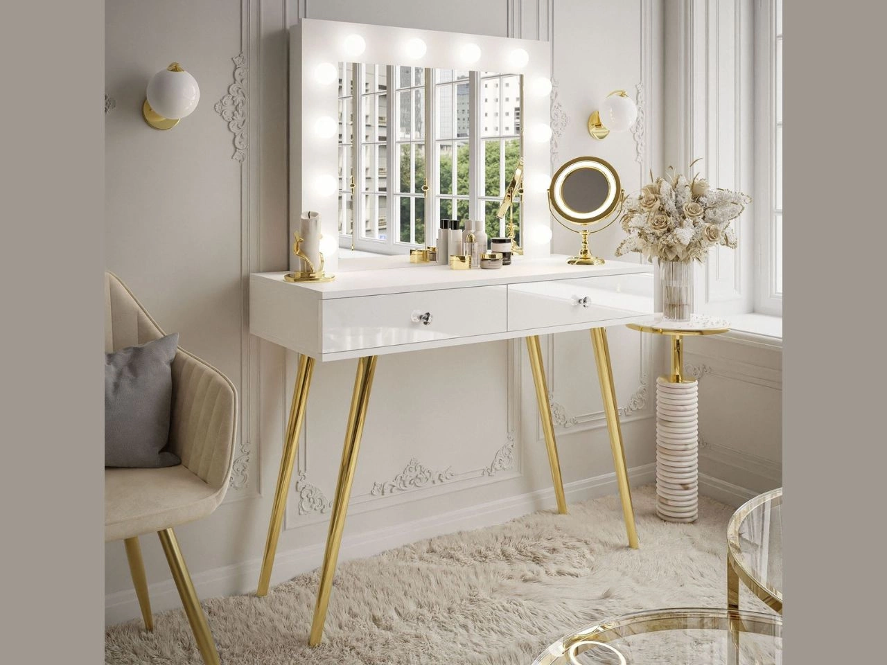 Toaletka glamour z szufladami, lustrem i oświetleniem LED Olivine biały połysk