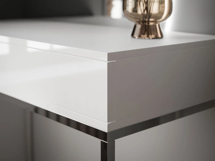 Toaletka kosmetyczna prawostronna z szufladami i oświetleniem LED na srebrnych nogach Clarette Biały połysk