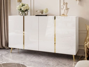 Czterodrzwiowa komoda 158 cm w stylu glamour na złotych nogach Lunelie biały połysk