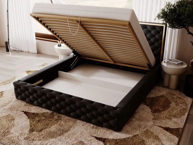 Łóżko tapicerowane z pojemnikiem i stelażem 200x200 Wave Czarny