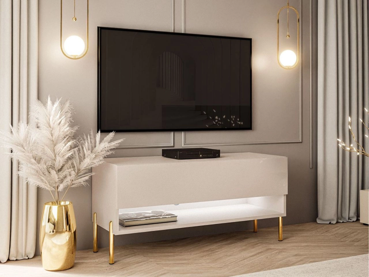 Szafka RTV 90 cm z oświetleniem LED i złotymi metalowymi nóżkami Aurelie Kaszmir mat