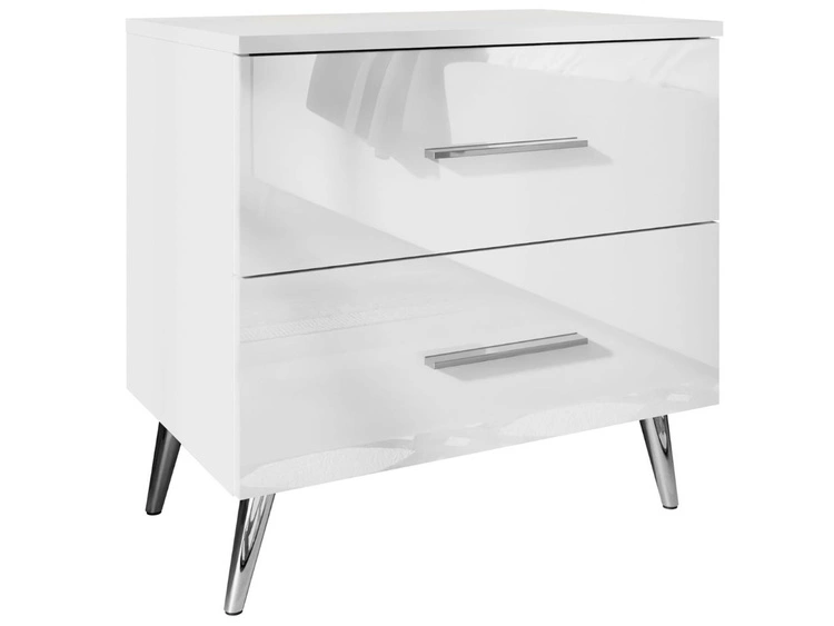 Stolik nocny z szufladami na srebrnych nogach Nuveo Biały połysk