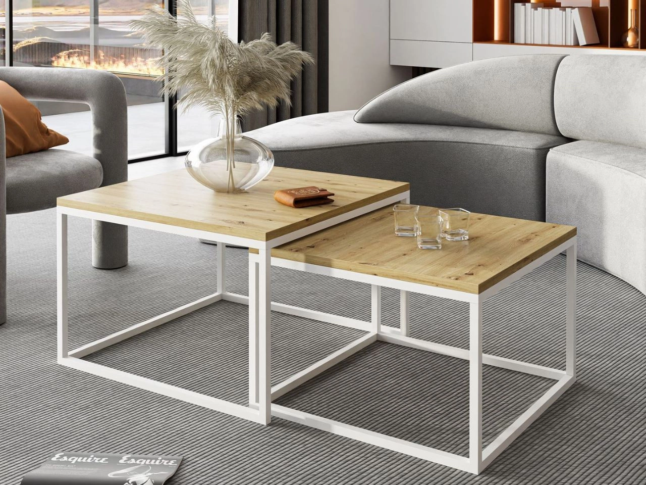 Stolik kawowy na białym stelażu Asumi Dąb Artisan 40x46