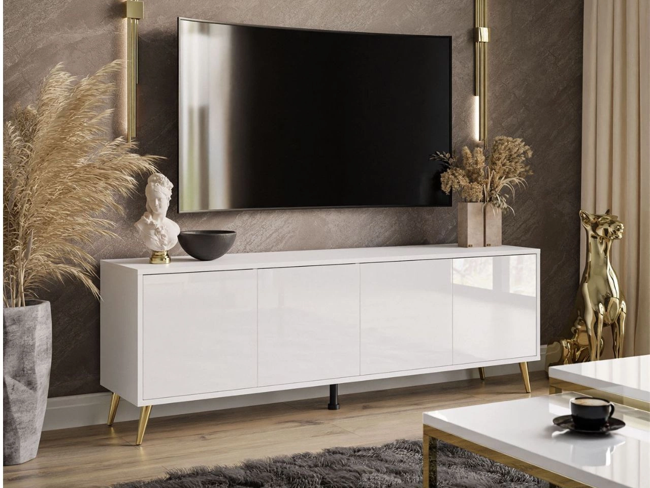 Szafka RTV pod telewizor z drzwiczkami na złotych nogach Vivance Biały połysk