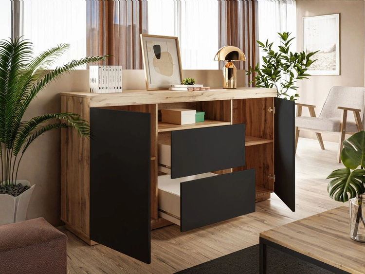 Dwudrzwiowa komoda 164 cm w stylu loft Asumi czarny mat i dąb wotan