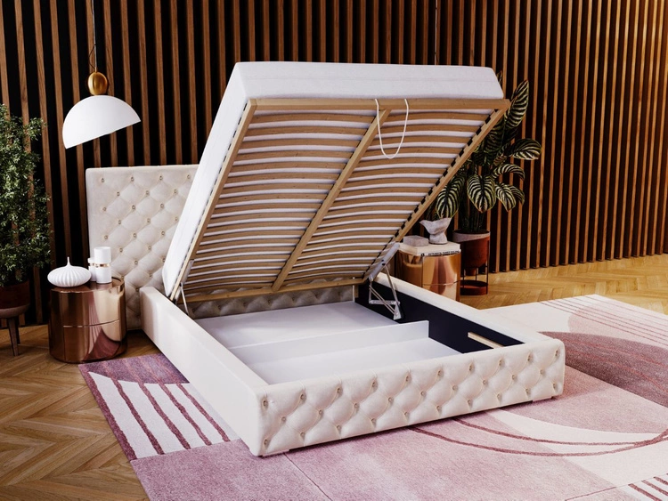 Łóżko tapicerowane z pojemnikiem i stelażem 180x200 cm Madera Beżowe