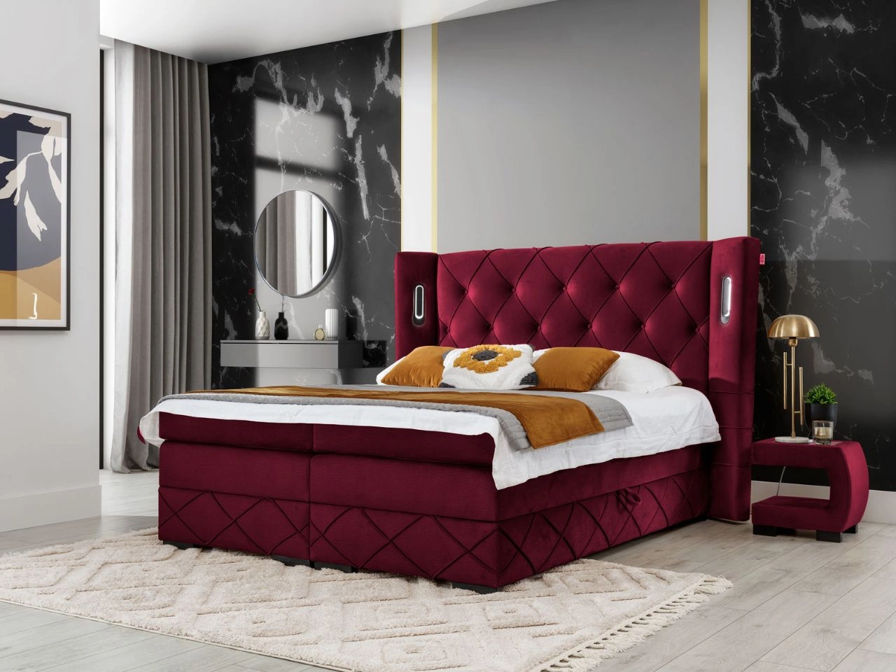 Łóżko kontynentalne z pojemnikiem na pościel 180x200 Neria Lux Czerwone