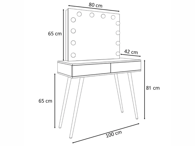 Toaletka kosmetyczna w stylu glamour z szufladami, czarnymi nogami i oświetleniem LED Olivine Elite czarny połysk