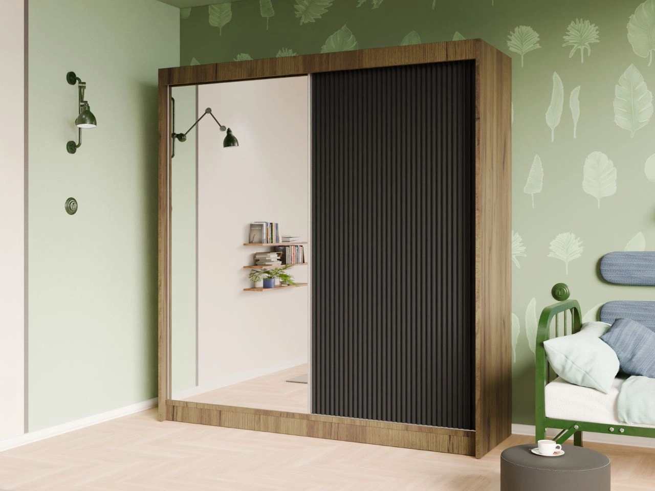 Szafa przesuwna z ryflowanym frontem i lustrem 200 cm Fano Dąb Craft Złoty, Czarna