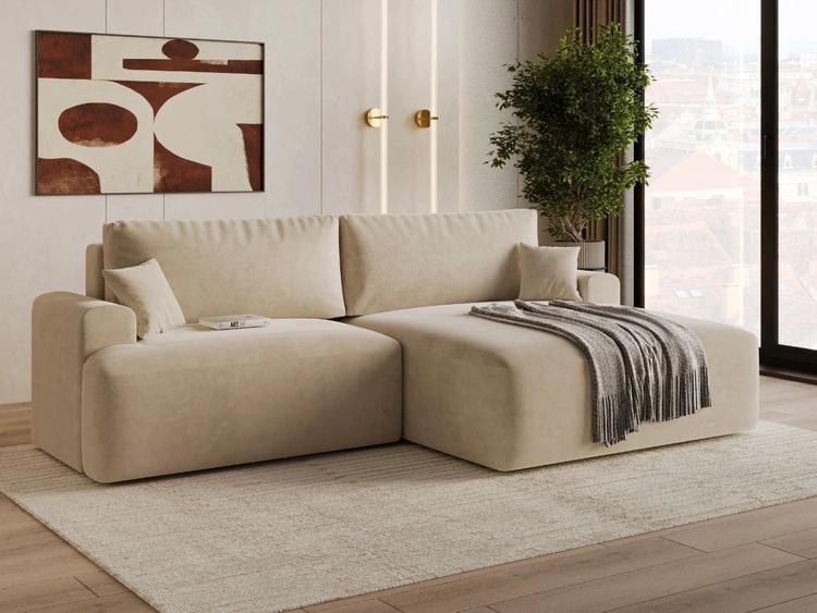 Narożnik L z funkcją spania i pojemnikiem Serene prawy Beżowy