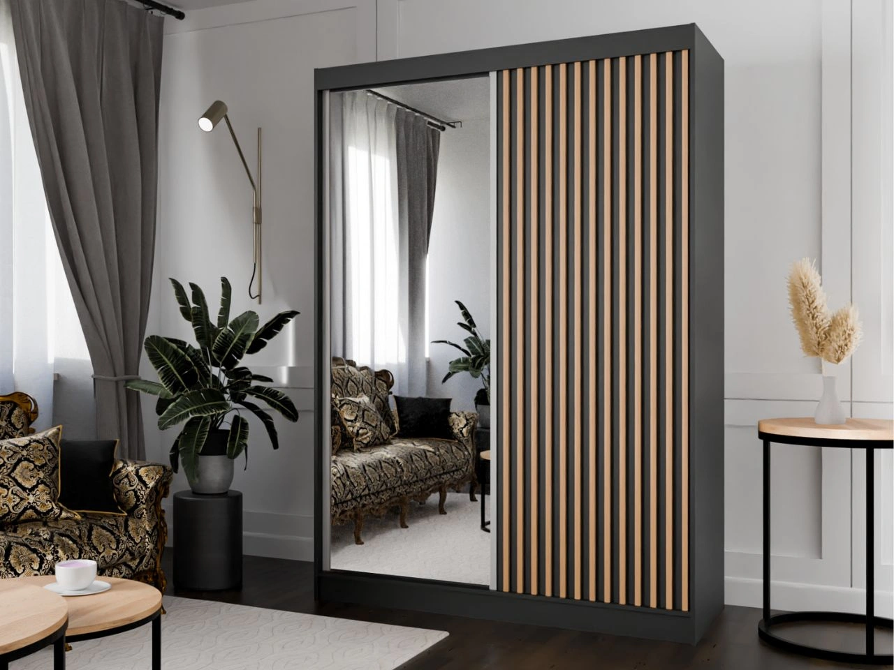 Szafa przesuwna z lustrem i lamelami 150 cm Loreto Czarna